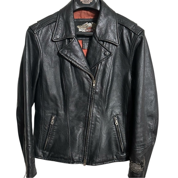 Harley Davidson Authentic Black Leather Studded Flame Bar & Shield Moto Jacket - Picture 3 of 16